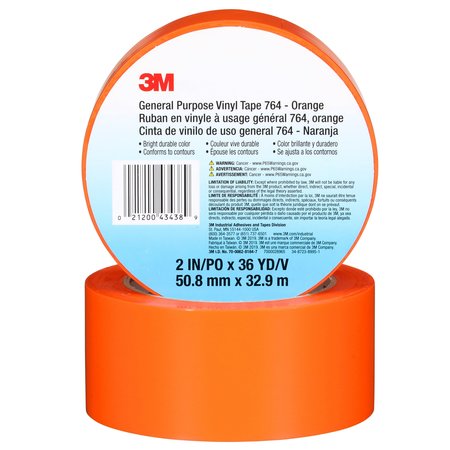 3M Vinyl Tape, 5.0 Mil, 2"x36 yds, Orange, PK24 T967764N